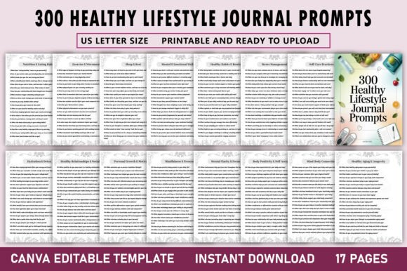 300 Healthy Lifestyle Journal Prompts & Canva Editable Templates for a Balanced Life